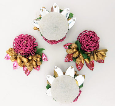 Handmade Dark Pink Floral Applique with Beads, Flower Motifs x 3